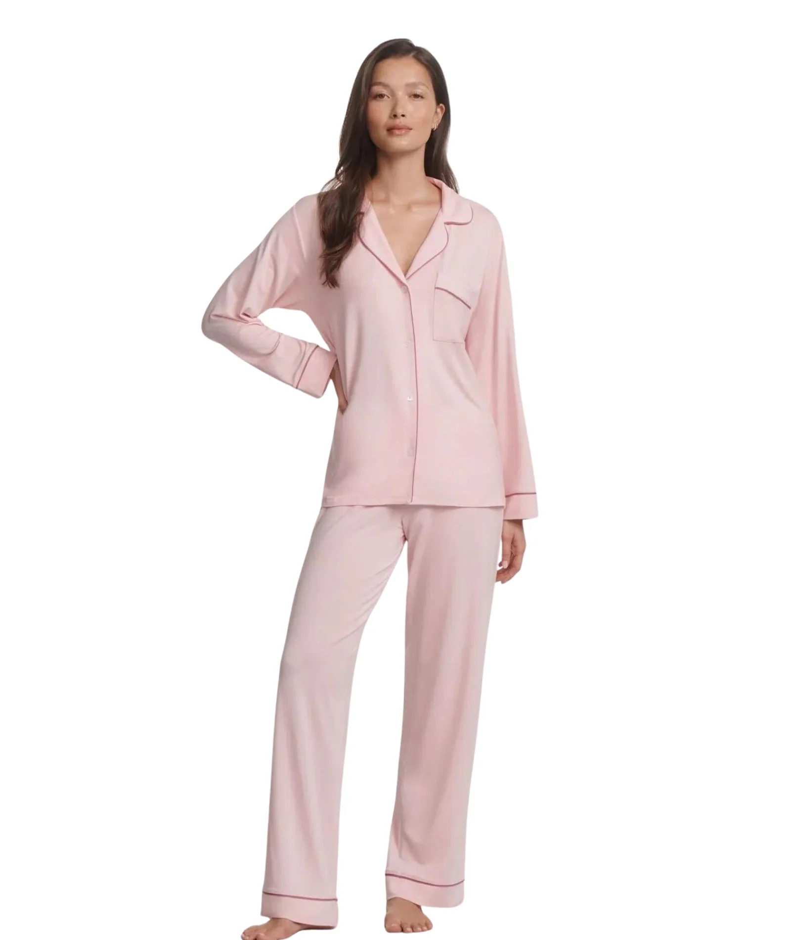 Eberjey Women Gisele Long PJ Set Pale Pink/Fig