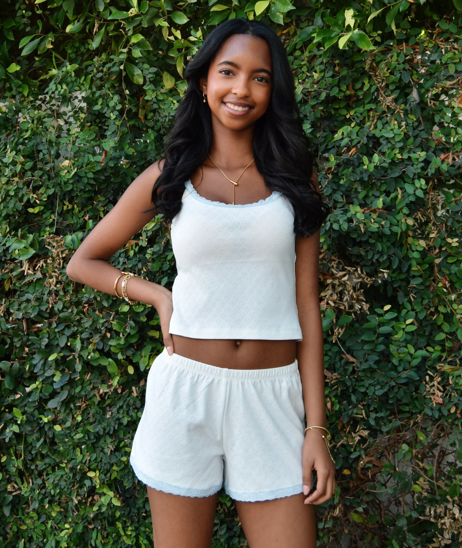 Theme Girl Teddy White With Blue Lace Heart Pointelle Shorts